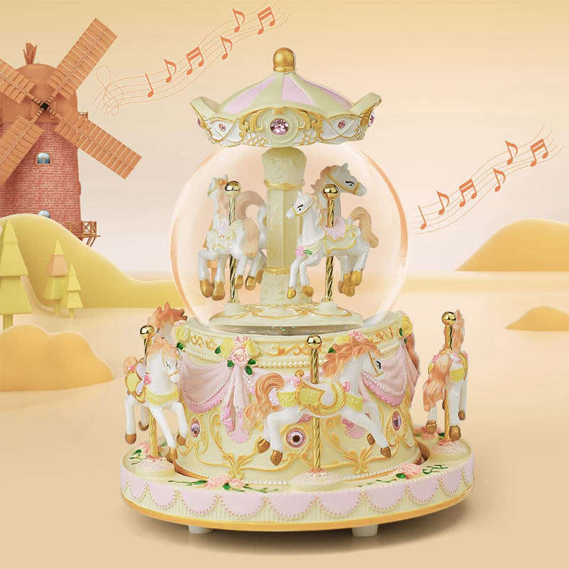 Carousel Snow Globe with Light Music Box Birthday Gift for Girls-Yellow