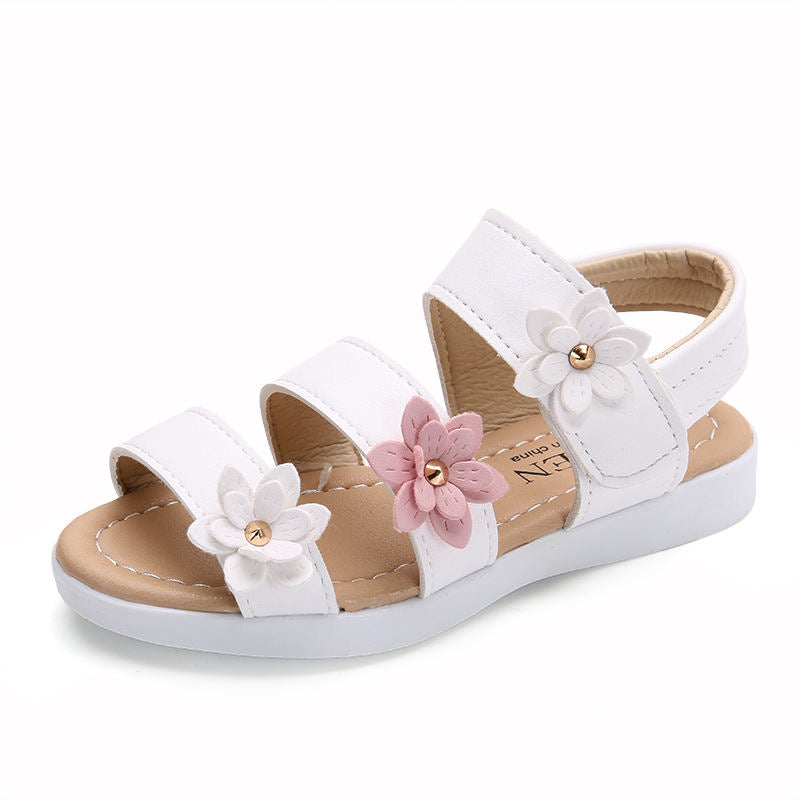 Girls Fashion Flower Sandals Flat Open Toe Shoes for Summer-White