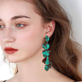 Long Drop Rose Petal Earrings for Women and Girls-Green