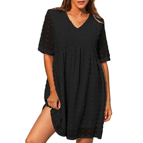 Womens Summer Short Sleeve V-neck Dress Swiss Dot A Line Dresses-Black