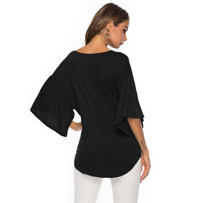 Womens Summer Ruffle Sleeve V-Neck T-Shirt Knot Tops-Black