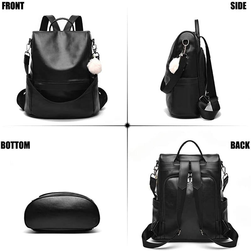 Women Backpack PU Leather Anti-theft Casual Fashion Shoulder Bag-Black