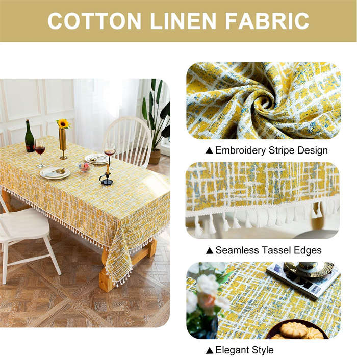 Tassel Cotton Linen Tablecloths Dustproof Table Cover for Kitchen Dinning Room Party-Yellow