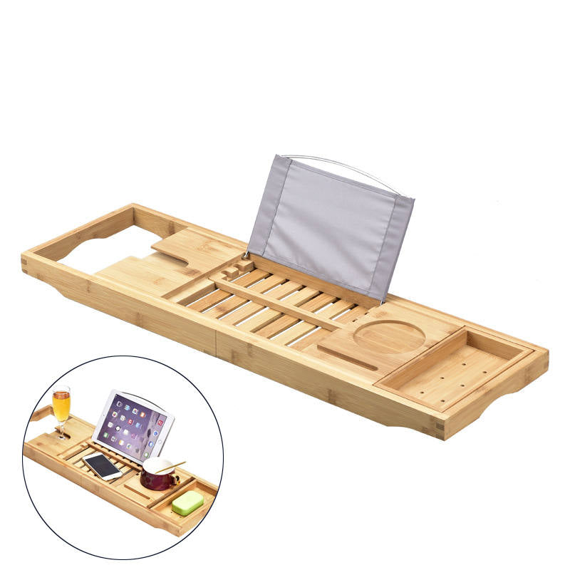 Bamboo Bathtub Tray Caddy Expandable Placed Book Smartphone and Wine Holder