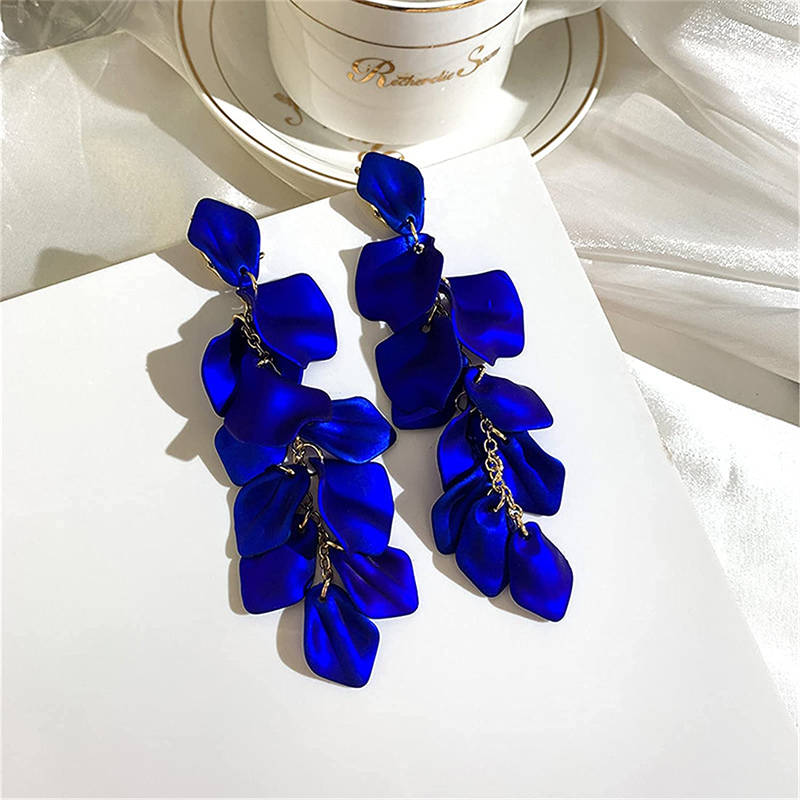 Long Drop Rose Petal Earrings for Women and Girls-Blue