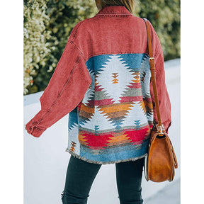 Aztec Denim Jacket for Women Distressed Lapel Long Sleeve Coat-RoseRed