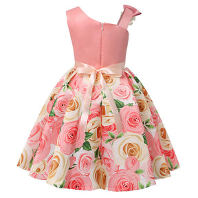 Oblique Shoulder Childrens Dress Rose Print Dress Girls Evening Party Costume-Peach Pink