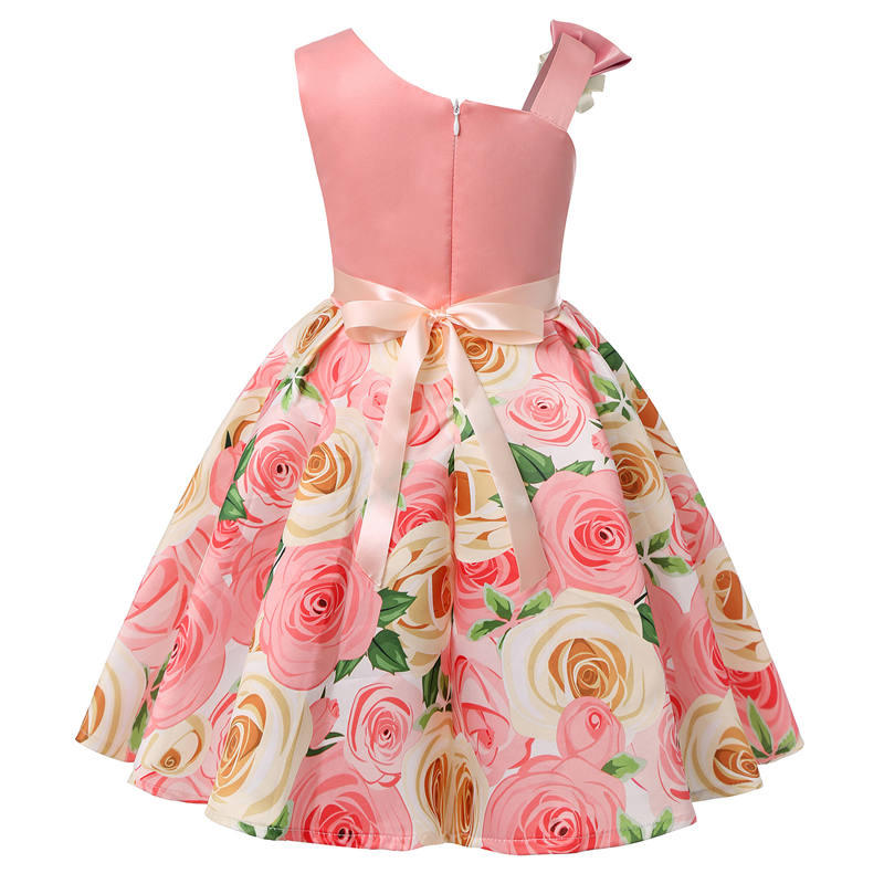 Oblique Shoulder Childrens Dress Rose Print Dress Girls Evening Party Costume-Peach Pink