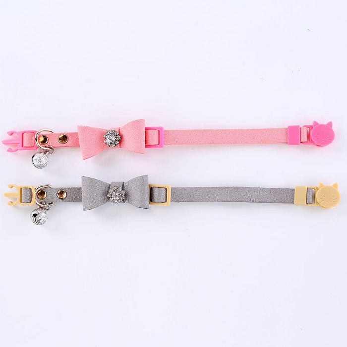 2 Pack Adjustable Cat Collar Set Breakaway with Diamonds Bowtie Bell for Puppy Kitten-C