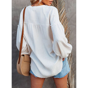 Womens Deep V Neck Lantern Sleeve Blouse Button Down Pullover Tops-White