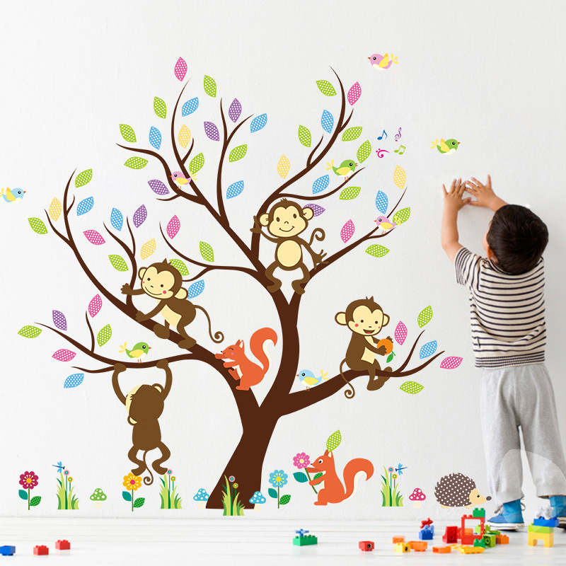 Removable Creative Brown Tree Cartoon Monkey Squirrel Home Art Decor Wall Stickers for Kids Room