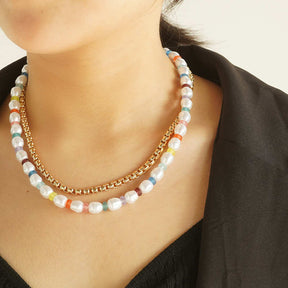 Women Layered Pearl Choker Boho Beaded Necklace