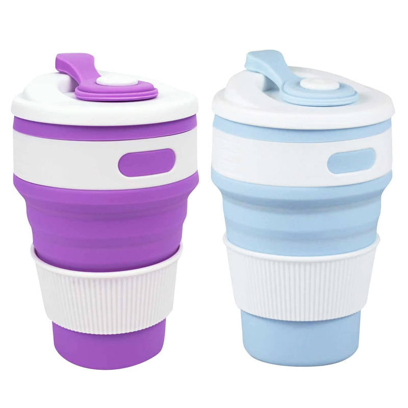 2 Pack 350ml Silicone Collapsible Travel Mug with Lid-Purple Blue