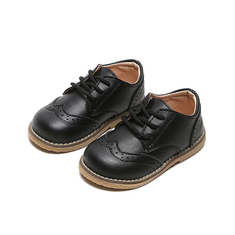 Toddler British Style Comfortable Loafers Flats Classic Lace-up Shoes for Boys Girls-Black
