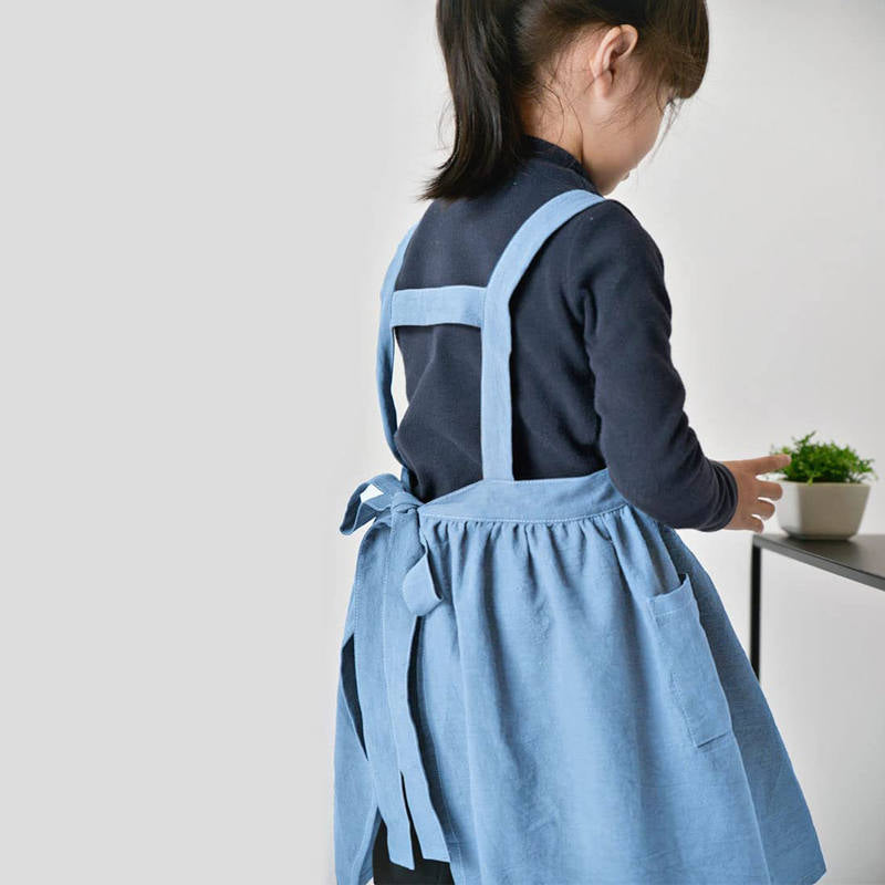 Girls Linen Cotton Apron Adjustable Bib for Cooking Painting-Blue