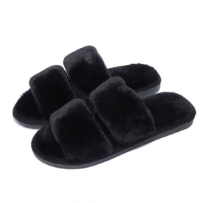 Womens Fuzzy Slippers Open Toe Cozy Memory Foam Sandals-Paralle Black