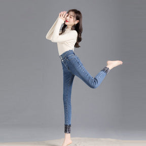 Womens Fleece Jeans Stretch Slim Fit High Waist Denim Pants-Retro Blue