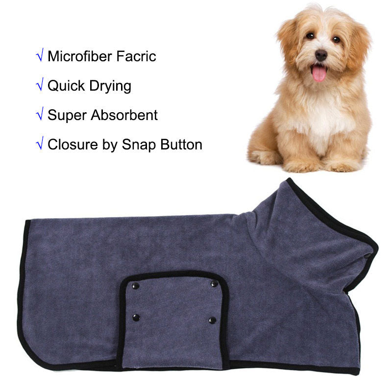 Dog Bathrobe Microfibre Fast Drying Pet Towel Adjustable Button Closure-Grey