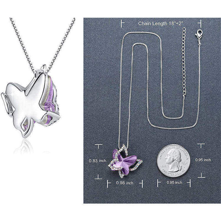 Butterfly Birthstone Crystal Pendant Necklace Gifts for Women Girls-LightPurple