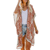 Women Print Kimono Tassel Casual Cardigan V Neck Loose Swimsuit Cover Up Beachwear-Pink