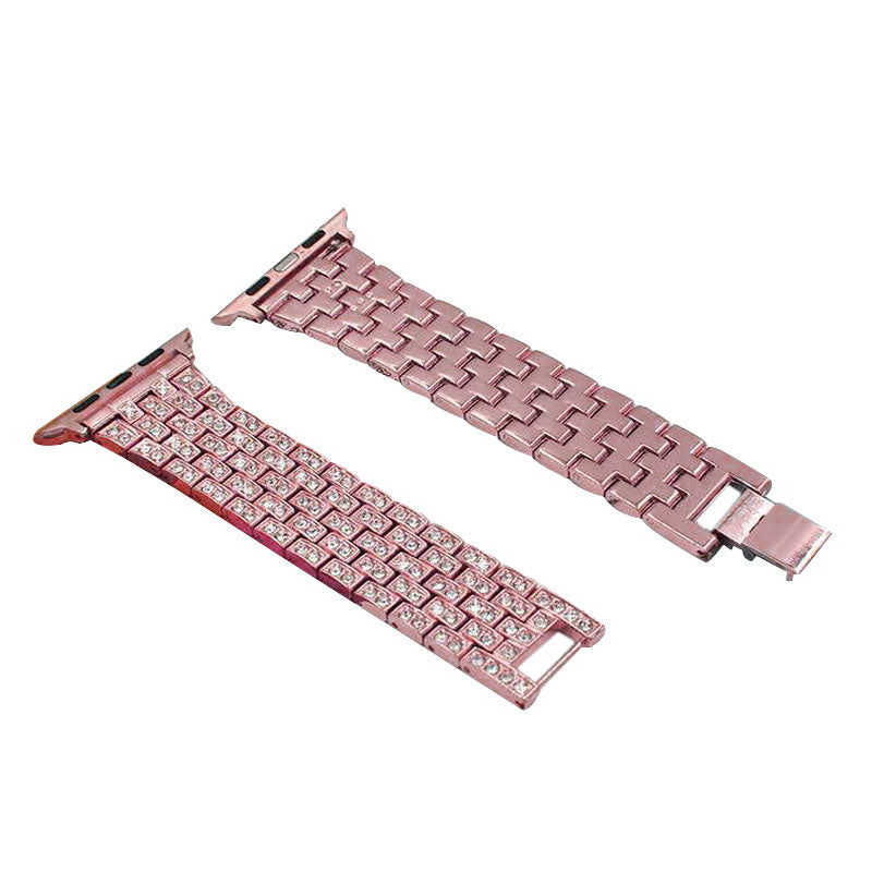 QZ Stainless Steel Bling Watch Band Metal Bracelet Adjustable Wristbands for Apple IWatch Series SE/1/2/3/4/5/6 For Women-Rose Pink