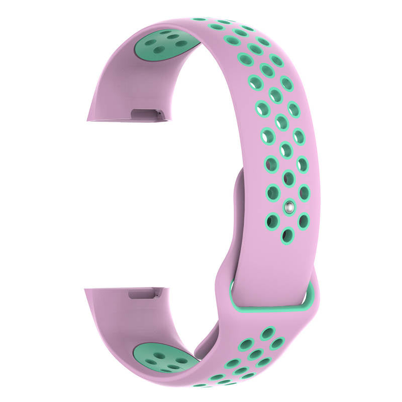 Double Color Porous Breathable Watch Band Silicone Wristband For Fitbit Charge 3 Sport Smartwatch -Pink Teal