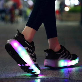Kids Two Wheels Sneakers with Lights Rechargeable Roller Skates Shoes for Boys Girls-Black