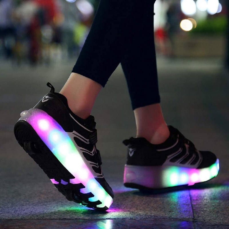 Kids Two Wheels Sneakers with Lights Rechargeable Roller Skates Shoes for Boys Girls-Black