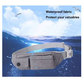 Canvas Waterproof Waist Pouch Bag with 4 Pockets for Running Traveling Hiking-Azure