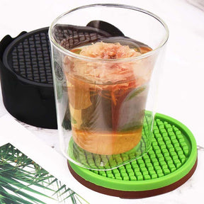 Silicone Drink Coasters Set of 6 in Holder for Drinks Insulation Absorbent Coaster Protect Cup-Moss Green