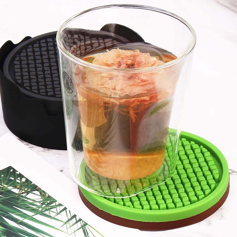 Silicone Drink Coasters Set of 6 in Holder for Drinks Insulation Absorbent Coaster Protect Cup-Moss Green
