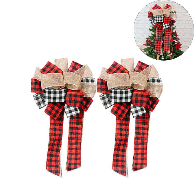 2 Pieces Christmas Buffalo Plaid Bows Ornaments for Xmas Tree Home Decoration