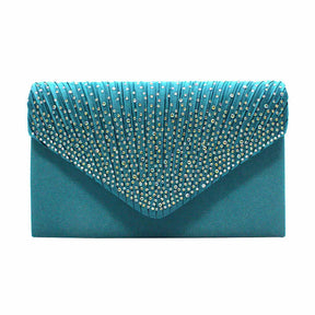 Ladies Frosted Satin Evening Clutch Rhinestones Crossbody Bag-LakeBlue