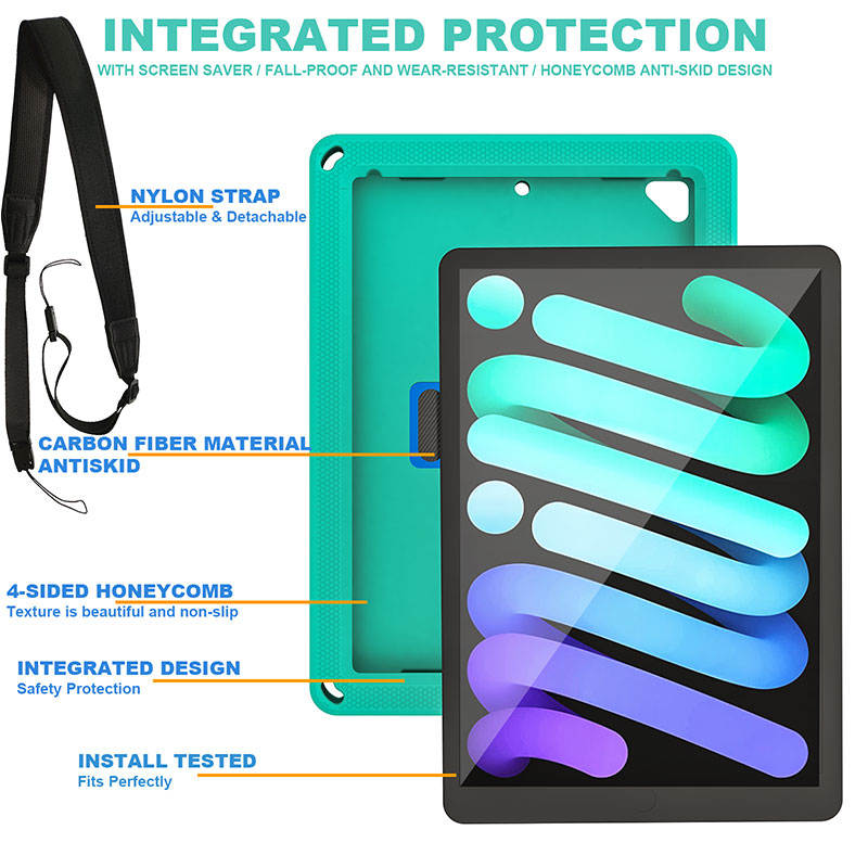 iPad Case With Handle Stand Shoulder Strap for iPad5 2018 9.7-GreenBlue