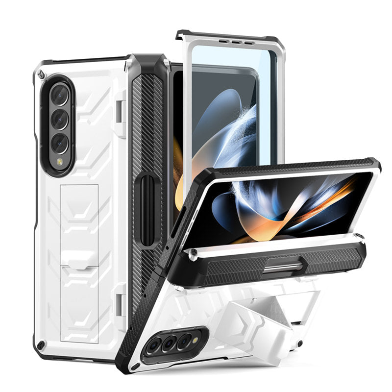 7.6inch Armorer Phone Case Full-Wrap with Kickstand Pen Slot for Galaxy Z Flip 4-White