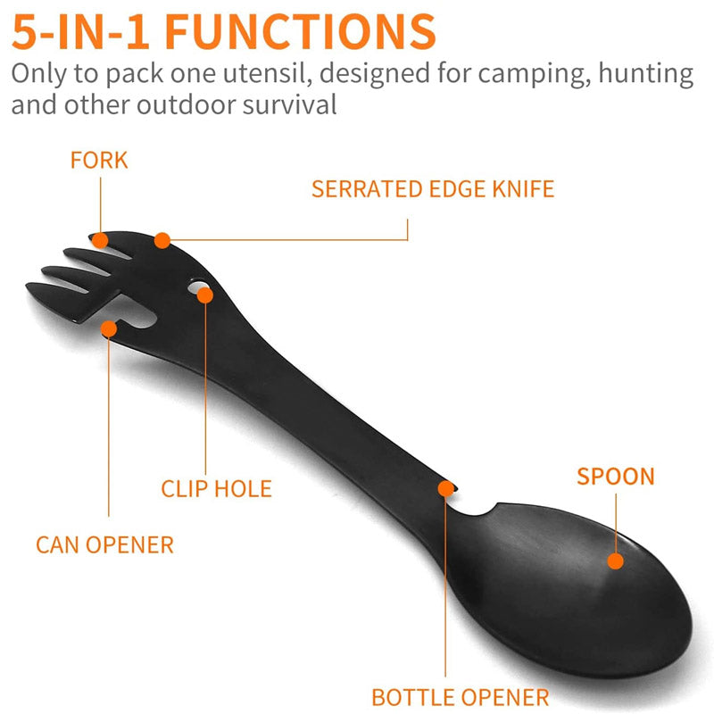 2Pack 5-in-1 Utility Tactical Spork Portable Stainless Steel Camping Utensil-BlackSilver