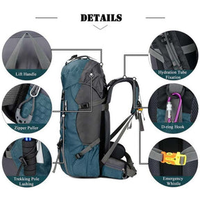 60L Waterproof Lightweight Hiking Backpack with Rain Cover for Climbing Camping-Blue Green