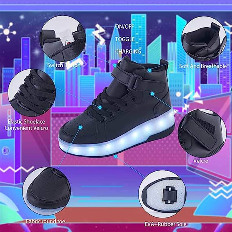 Kids Light Up Roller Skate Shoes High Top Sneakers Double Wheels-Black