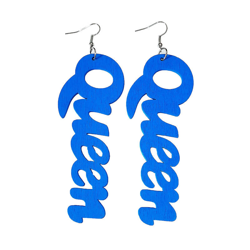 Queen Wood Dangle Pierced Earrings-Blue