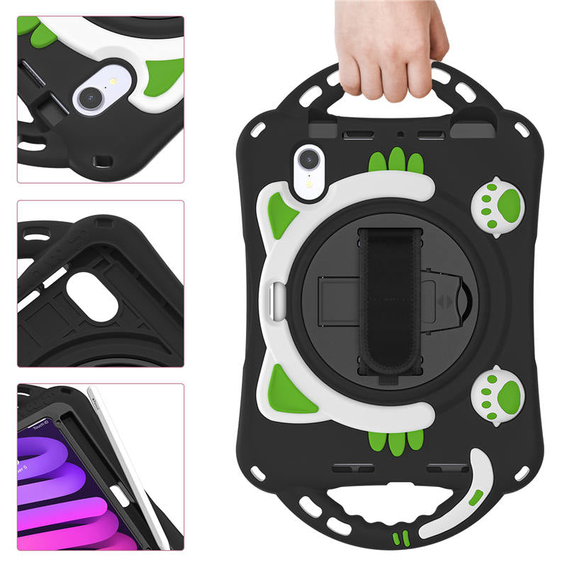 CatA iPad Silicone Case For iPad Mini 6 Built-in Handle Stand With a Strap-Black Green