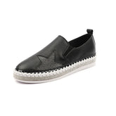 Women Genuine Leather Loafers Low Top Slip On Sneakers-Black