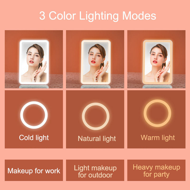 Travel Makeup Mirror 3 Color Lights Touch Screen Dimming Rechargeable-White