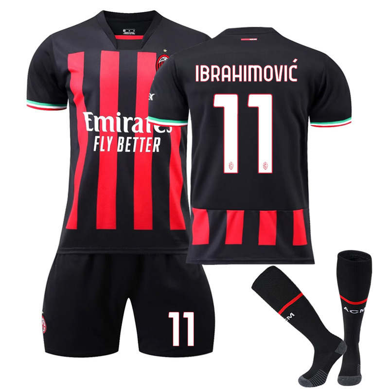 Milan Home Jersey 2022-23 IBRAHIMOVIC #11 Soccer Jersey Kids Adult 3-Pieces Jersey Kits