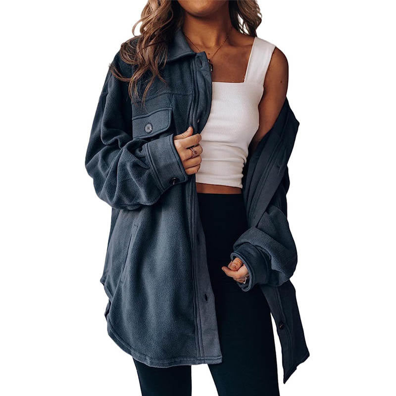 Lookbook Womens Fleece Long Sleeved Shirt Casual Boyfriend Blouse Top-Navy