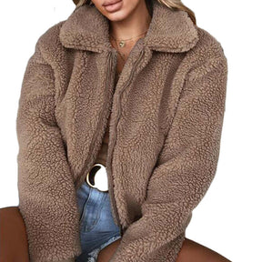 Womens Sherpa Fleece Jackets Lapel Zip Up Winter Warm Crop Outwear-Khaki