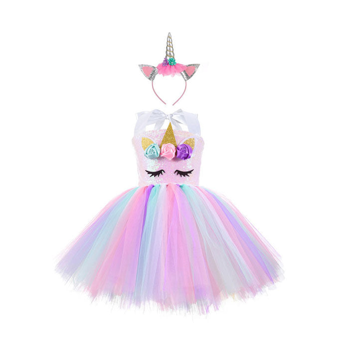 Sequin Unicorn Dress for Girls with Pink Headband Birthday Easter Gifts Dance Dresses-Pink