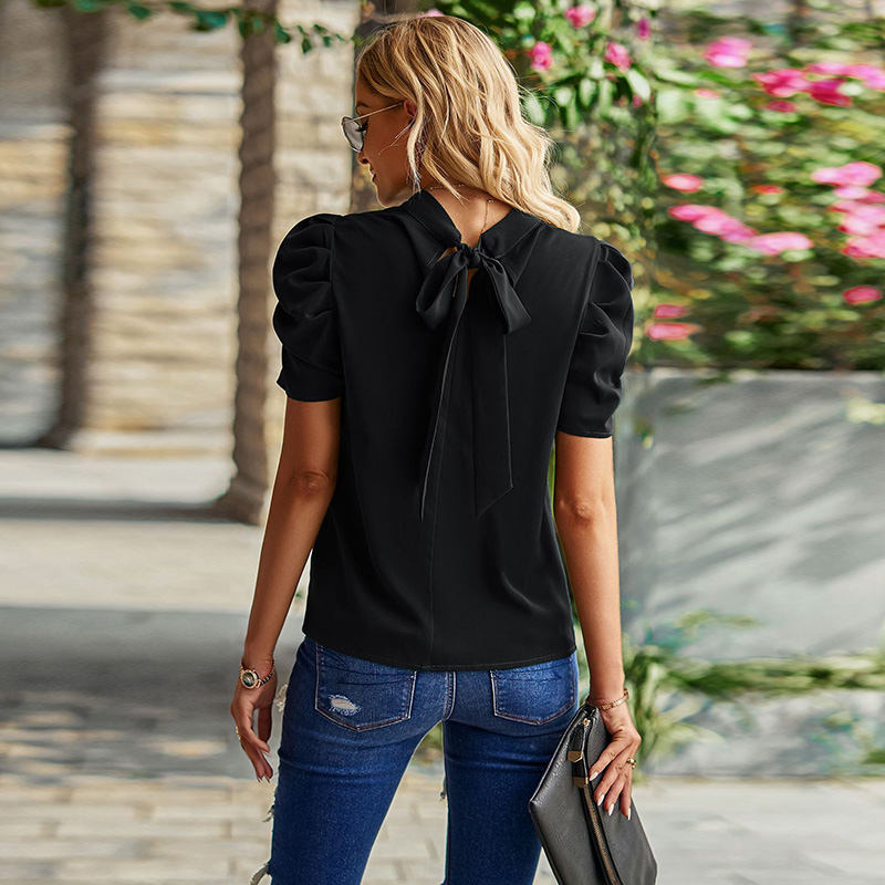 Womens Mock Neck Puff Tops Casual Loose Solid T Shirt Cuffs Pullovers-Black
