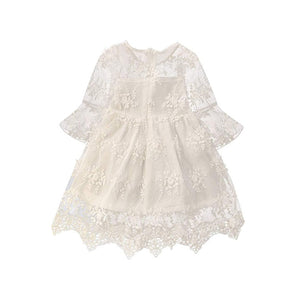 Flower Girls 3/4 Sleeve Dress Girls Lace Princess Party Tulle Summer Vintage Dress-White