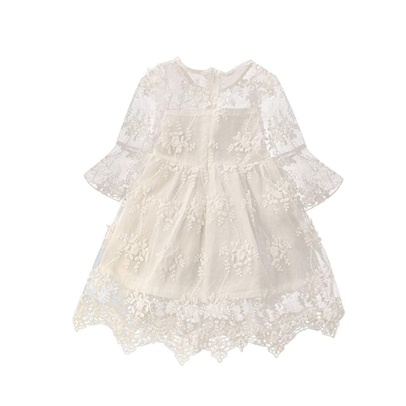 Flower Girls 3/4 Sleeve Dress Girls Lace Princess Party Tulle Summer Vintage Dress-White