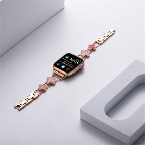 Apple Watch Band Luxury Four-leaf Clover Thin Stainless Steel for iWatch Series SE/6/5/4/3/2/1-RoseGold+Pink